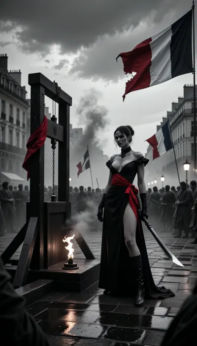 A cinematic historical scene set during the French Revolution at an execution square. A powerful, seductive female figure stands near a guillotine on a Paris square, confident and unbroken, her posture calm and defiant. Crowd silhouettes fade into mist, revolutionary banners and tricolor flags torn by wind. The scene is rendered mostly in black and white, with a single strong color contrast, deep crimson accents on the ribbon, flag details, and subtle reflections on the blade. Dramatic overcast sky, heavy clouds, smoke and dust in the air, torchlight flickering. High contrast chiaroscuro lighting, minimalist palette, strong symbolism, epic composition, cinematic depth, ultra-realistic textures, sharp focus, prestige historical mood, 4K quality.