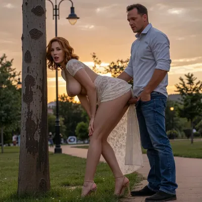 (((ultra-realistic photo taken according to all the rules of photographic composition:1.5))), (atmospheric lighting and the setting of a summer park at sunset), (beautiful sky at sunset), . A warm summer evening, sunset, the streetlights are not turned on yet, a park, (a man and a woman are standing by a tree, next to a path), ., (The woman is standing next to a tree, she has leaned forward and rested her hands on her knees, arching her back and sticking her butt out. A man with his jeans down and an erect penis is standing behind the woman, he lifted the hem of the woman's dress from behind, squatted down a little and inserted his penis into the woman's vagina from behind), (The woman is 30 years old, a slender, well-groomed ginger with shoulder-length curly hair, with pleasant features, a rounded, voluminous butt), (the woman is wearing a light, plain long lace dress with a deep neckline and short sleeves, elegant shoes with high, thin heels), (the woman's mouth is slightly open and her head is turned towards the camera, she looks at the camera in surprise), ((the woman's breasts with large, erect nipples are visible from the neckline)), ((A man, 40 years old, wearing a shirt with rolled-up sleeves, jeans, and men's black shoes), ., ((The camera pans to a wide shot of a park, a woman stands bent over next to a tree with her dress hem hiked up in the back. A man stands behind the woman, holding her waist with his hands and inserting his penis into the woman's vagina from behind)), ((The woman leans forward and rests her hands on her knees:1.5)), ((Ultra-realistic park)), ((Ultra-realistic doggy style sex scene))), massive saggy breasts