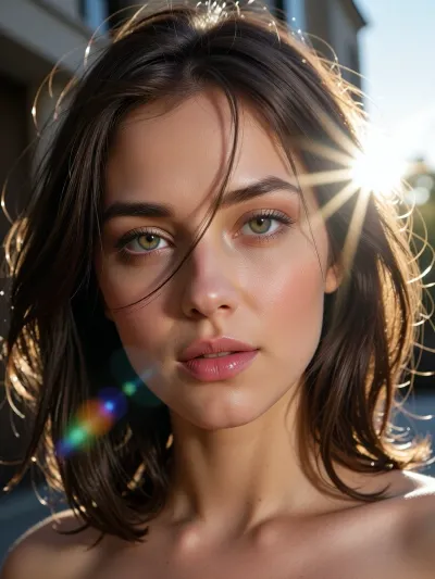 (experimental avant-garde artistic study of warm light and contrast), (((Natasha Udovenko))), (striking low-angle closeup of a 28yo woman's brilliant light hazel eyes), (surreal scene with intense hair-glow lighting, HDR lighting, light bloom, god rays, lens flare), (stray strands of hair framing her face), (thick longer messy bob haircut), ((looking straight ahead)), (outdoors daylight scene), (cinematic offset framing composition)