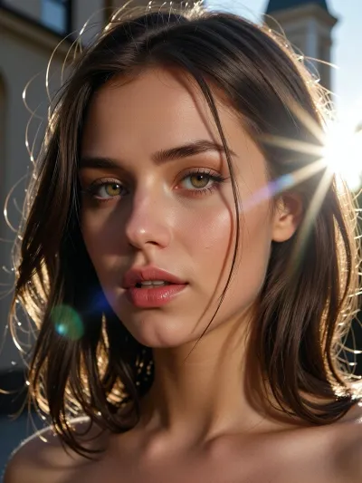 (experimental avant-garde artistic study of warm light and contrast), (((Natasha Udovenko))), (striking low-angle closeup of a 28yo woman's brilliant light hazel eyes), (surreal scene with intense hair-glow lighting, HDR lighting, light bloom, god rays, lens flare), (stray strands of hair framing her face), (thick longer messy bob haircut), (outdoors daylight scene), (cinematic offset framing composition)
