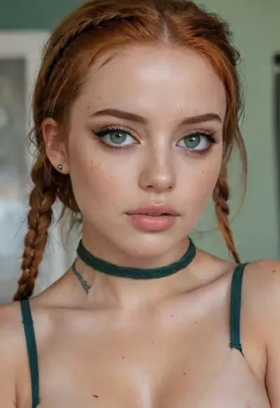 Woman, One, 20 Years old, Latina, Dutch, Italian, Skinny, Colored tattoos, Small breasts, Skinny thighs, Small ass, Makeup, Long eyelashes, Busty lips, Big eyes, Beauty face, Cute face, Ginger hair, Braided hair, Green eye color, Naked, Choker, green, eyes, blue, brown, perfecteyes, detailxl, 4ng3l, face, <lora:PerfectEyesXL:.5>, <lora:SDXL_BetterFaces-LoRA_v1:.5>
