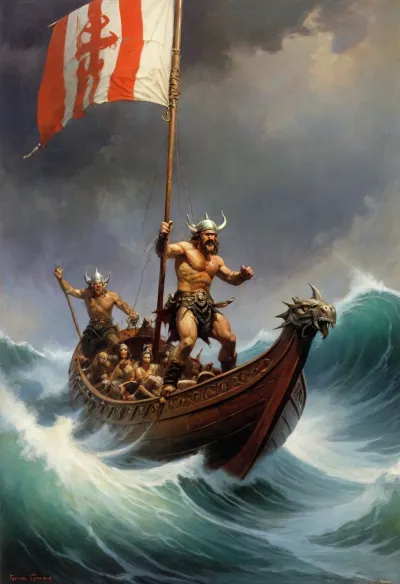 ((An original oil painting by Frank Frazetta, with the title "Kane On The Golden Sea")), ., (((A typical big and long, viking dragonboat, with a mast and a red and white striped big sail in the middle of the ship is sailing in wild and stormy sea, vikings on the ship))), (((Kane their Captain, with a typical viking battleaxe in his hand, is standing at the bug of the ship that looks like a long necked dragonhead))), ((picture title is, "Kane On The Golden Sea")), Kane On The Golden Sea, dragonship, dragonboat, sail, vikings, Vintage fantasy paintings by Frank Frazetta, Frank, Frazetta, fr4z3tt4, <lora:fr4z3tt4:1.2>