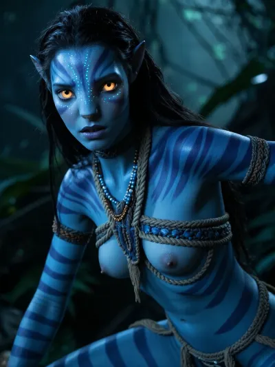 A masterpiece—a cinematic shot in the style of a science fiction film, of impeccable quality. A scene featuring a beautiful Na’vi girl in the jungle at night. She has long, dark hair and smooth blue skin, mottled with tiger stripes and tiny glowing bioluminescent dots on her face. Her large, golden-yellow eyes shine brightly as she stares intently straight ahead. Her chest is completely bare. She wears jewelry made of blue beads and golden-brown elements around her neck and chest. She is leaning forward, one arm extended to the side, her gaze fixed directly on the viewer, with a serious expression on her face. The background is a dark, dense jungle with blurred green foliage, evoking the mysterious atmosphere of an alien forest. Soft, cinematic lighting accentuates her skin, eyes, and the textures of the ropes. Ultra-realistic style, with high detail in the skin, ropes, and beads, photorealism.