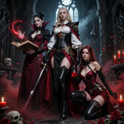 A dramatic dark gothic fantasy illustration depicting the three vampire brides of Strahd together inside an ancient crypt beneath Castle Ravenloft. The scene is cinematic, sinister, decadent and richly atmospheric, lit by red candles, cold moonlight through tall gothic arches, and swirling crimson mist close to the floor. Black stone, skulls, ironwork, scattered rose petals and ornate gothic details fill the background.

On the left stands Ludmilla Vilisevic, an elegant dark-haired vampire scholar and arcane controller. She has very pale skin, refined features, and a cold intelligent expression. Her long dark hair is styled in an aristocratic updo with subtle jewelry. She wears a floor-length burgundy, black and crimson gothic gown with embroidery, fitted sleeves and dark jewelry. She holds an ancient open spellbook in one hand, while the other is raised, surrounded by swirling crimson-black arcane energy like blood magic. She appears composed, calculating and intellectually dangerous.

In the center stands Anastrasya Karelova, the protector and martial guardian of the trio. She is tall, imposing and aristocratically beautiful, with very pale skin and long pale blonde hair in loose braids and waves. Her expression is proud, calm and commanding. She wears a striking black, ivory and dark red duelist outfit, an ivory blouse with voluminous sleeves under a fitted black corseted coat with brocade, gold filigree, red gemstones, a long dark red cloak and tall black leather boots. She carries an elegant ornate rapier held downward at her side. Her posture is upright, controlled and protective, clearly standing as the dominant centerpiece and bodyguard of the three.

On the right crouches Volenta Popofsky, the feral predator of the trio. She has very pale skin, wild dark crimson-red hair, predatory eyes, visible fangs and a cruel delighted grin. She leans forward in an aggressive hunting pose, eager for violence. She wears asymmetrical black and blood-red gothic leather with straps, buckles, fingerless gloves and high leather boots. Small alchemical vials hang from her belt. She grips a bloodstained dagger in one hand and a small glass vial of glowing red liquid in the other. She looks like a vicious vampire assassin and unstable alchemist.

The composition should clearly show their different roles while keeping them visually unified, Ludmilla as arcane intelligence on the left, Anastrasya as the dominant protective centerpiece, and Volenta as the crouching violent predator on the right. Full-body or near full-body composition, slightly low camera angle, painterly realism, highly detailed fantasy illustration, rich gothic horror atmosphere, dark romantic horror, realistic anatomy, no modern elements.