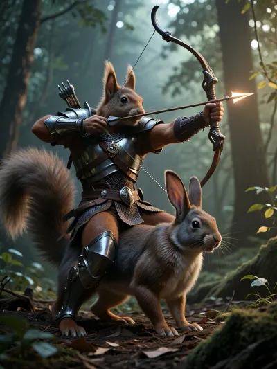 Squirrel archer in armor aims bow while riding on a rabbit in the woods, moody, forest, backlight, light