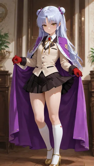 high quality semi-realistic anime render, 1girl, solo, perfect breasts, beauty girl, pubic hair, clitoris, she stay in fashion model pose, cozy girl bedroom.

a beautiful character with balanced proportions and well-made, Tachibana Kanade from Angel Beats, she has yellow eyes, white long hair, flat chest. Wearing school uniform, beige blazer with long sleeves, a yellow string neck ribbon with a red gem in the center, black miniskirt, white kneehighs, the girl has ivory skin, medium auburn hair, spiked hair, double buns, arched bangs, the girl is confident, upright posture, steady gaze, slight smile, she is looking at self, is wearing bronze high-low dress, high-low hemline in front, floor-length in back, paired with black harem pants, loose-fitting pants with a dropped crotch and tapered legs, gathered at the ankles, and ruby knee length socks, golden pumps on the feet, scarlet lace gloves, dark purple hair accessory, and pink violet locket, also cream cape. Her fly is unzipped, and a tiny penis is sticking out.
-.
The full scenery is a mosaic-adorned park with whimsical structures and vibrant tiles