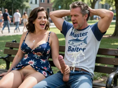 Hyper-realistic digital art, cinematic photography, 8k resolution, candid shot. Side and front view of a couple on a park bench during a bright sunny day. A plump 60s brunette woman with a busty figure, wearing a low-cut navy blue floral sundress, no underwear, hairy pussy, laughing. A 40s man with tousled hair, wearing jeans and a t-shirt that reads "Master Baiter" with a graphic of a fish. The man has his hands behind his head, face contorted in a grimacing expression of climax. The woman is secretly and firmly gripping and stroking his thick, veiny erect penis with one hand. Viscous white semen is spilling and dribbling down his cock, splattering across his chest and denim jeans. The man looks embarrassed and flustered. Background features blurred pedestrians walking through a lush green city park. High contrast, vivid colors, natural sunlight, deep shadows, shallow depth of field, photorealistic textures, skin pores, fabric detail, liquid physics.
