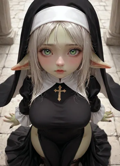 shortstack female goblin, soft platinum hair styled in a messy bob, shimmering gold eyes, pale green skin, high angle view, sexy black and white nun catholic dress, ((sexy black and white priestess dress)), black short dress, wide-hips, goblin ears, goblin pale-green color skin, big breast, thigh thick, StackedShortstack, punishnun, <lora:Stacked_Shortstacks_-_SDXL-000009:2>, <lora:punishnun_XL_reg1_-000003:1.5>
