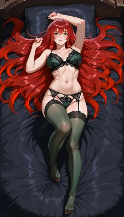 ((photo realistic, masterpiece, high resolution, maximum detail, score_9)), Original character, named Daisy, Latina, 18, petite, toned body, ((narrow face, beautiful face, detailed face)), ((freckles on face)), natural light makeup, green eyes, almond shaped eyes, ((excessively long red hair, hyper long red hair, hair goes past her knees)), natural large breasts, ((laying on her back on black sheets in a bed, black sheets)), ((lacy dark green lingerie, lace dark green stockings)), ((sensual pose)), ((view from above, full body view))