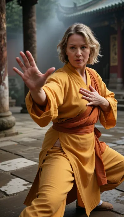 Professional photography, striking photorealism, ultra-detailed, an artistic and evocative cinematic aesthetic. A mature female Shaolin monk is practicing Tai Chi Chuan in a secluded courtyard of an ancient, mist-shrouded Shaolin monastery. 39 years old, short blonde bob haircut, messy wavy hair, very chubby fat body. She wears a traditional, long, flowing saffron-yellow and orange Buddhist robe made of high-quality fabric that gently blows in the breeze. Her martial arts posture is frozen in a precise Tai Chi stance, one hand is extended forward with an open, relaxed palm and perfectly formed fingers, while her other hand is held near her chest, palm facing downward, showing flawless skeletal hand anatomy and clear finger separation. Her movements are fluid and perfectly controlled, embodying a deep sense of internal spatial awareness. The camera is equipped with an 85mm lens, capturing the sharp focus of the monk's hands and face with a shallow depth of field that softly blurs the background of weathered stone-paved ground and ancient columns. Warm, dramatic golden hour glow casting long shadows. Shot on 35mm film, realistic skin texture, film grain, optimal quality, tranquil harmony.