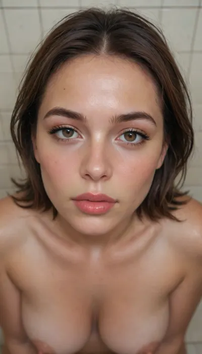 Ultra-realistic photo of a mature chubby milf standing indoors in a modern bathroom with glass shower panels and beige tiled walls. She has short, dark brown bob hair worn down, smooth and glossy. Warm medium-tan skin tone. Oval face with soft, well-defined features, straight nose, full lips slightly parted, and expressive dark brown eyes looking directly at the camera with a calm, confident expression.

Makeup is refined and realistic, even complexion, subtle contour, soft blush, neutral eyeshadow, defined eyeliner, long lashes, and natural nude-pink lips.
Wet chubby yet realistic body proportions, natural anatomy.

Lighting is soft and flattering, coming from above and slightly to the side, highlighting facial structure and skin texture without harsh shadows.

High-resolution photorealism, DSLR camera look, 50–85mm lens, f/1.8, shallow depth of field, sharp focus on the face, realistic skin texture with natural imperfections, true-to-life facial likeness.