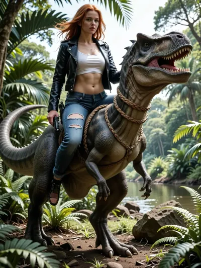 A young adult woman with long crimson hair, fair skin, and a slim but curvaceous figure with a flat chest, wearing a black leather jacket, white tank top, and ripped jeans, mounted atop a massive prehistoric Tyrannosaurus rex in a lush jungle clearing as observed from Picture 2. The dinosaur has rough grey-green scales, a long powerful tail, and small forelimbs, moving with controlled power through the dense vegetation as observed from the conversation context.

The woman sits upright with a commanding posture, her back straight and crimson hair streaming in the wind, her left hand gripping braided sinew-hide reins looped around the dinosaur's neck spikes, her right hand resting near a .45 magnum holstered at her thigh. The dinosaur is mid-stride, its massive hind legs pushing off the earth, ferns flattening beneath its feet, its neck held high with an alert and fierce expression.

The setting is a wide jungle clearing with towering ferns, scattered rocks, and sunlight filtering through the canopy creating dappled light on the ground. A river is visible in the distance, with trees blurring past in the background. Natural daylight with bright, warm illumination casting strong shadows and highlighting the texture of the dinosaur's scales and the woman's attire. Wide shot from a low angle capturing the scale of the dinosaur and the woman's commanding presence, cinematic lighting, photorealistic, highly detailed, 4K quality.