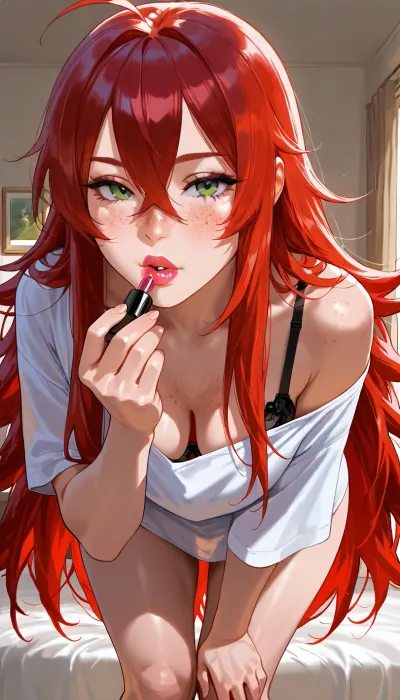 ((photo realistic, masterpiece, high resolution, maximum detail, score_9)), Original character, named Daisy, Latina, 18, petite, toned body, ((narrow face, beautiful face, detailed face)), ((freckles on face)), natural light makeup, green eyes, almond shaped eyes, ((excessively long red hair, hyper long red hair, hair goes past her knees)), natural large breasts, ((standing in her bedroom, slightly leaning forward towards viewer, pursing lips, applying lipstick)), ((oversized plain shirt, shirt off one shoulder, black bra strap showing, no pants)), ((close-up of face))