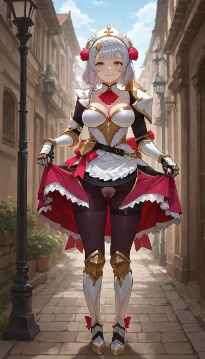 high quality semi-realistic anime render, 1girl, solo, perfect breasts, beauty girl, pubic hair, her, (tiny penis:1), testicles, she stay in fashion model pose..

a beautiful character with balanced proportions and well-made, Noelle from Genshin Impact, she has green eyes, short grey hair with a hair ornament. Wearing maid-style armored dress with a breastplate and apron, armored boots, gauntlets, leggings, and floral accessories, the girl has ivory skin, medium multicolored hair dyed with a mixture of three or more different colors, spiked hair, twintails, blunt bangs, the girl looks confused and silly, blank eyes, awkward smile, she is looking up, is wearing cropped cherry t-shirt, paired with yellow hakama pants, and dark blue thighlet, mahogany boots on the feet, pink brown elbow gloves, brown red newsboy cap, and brown orange choker, also dark purple thighlet.

-.
The full scenery is a dreamy and cheerful cityscape bursting with cute, kawaii, and girly elements, where buildings in pink, lavender, and mint green create a whimsical atmosphere, the architecture is decorated with cute details, puffy clouds and rainbow-like arches span across bridges, lamp posts resemble lollipops, and cute cafes with oversized desserts line the streets