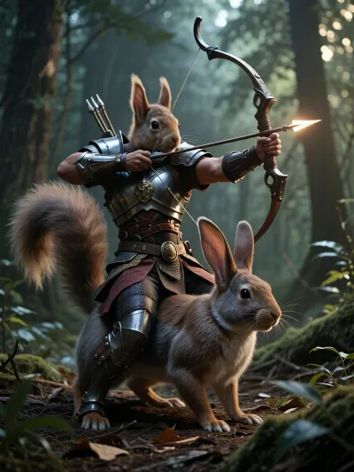 Squirrel archer in armor aims bow while riding on a rabbit in the woods, moody, forest, backlight, light