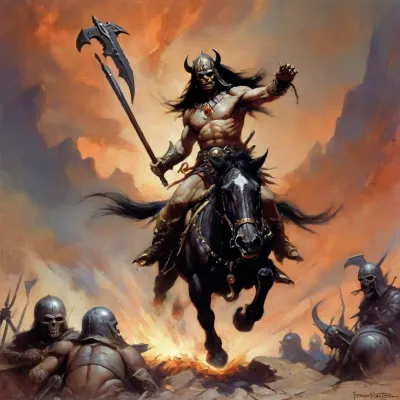 ((An original picture by Frank Frazetta, "Death_Dealer_I")), 70`s fantasy paintings by Frank Frazetta, fr4z3tt4, LegendDarkFantasy, <lora:fr4z3tt4:2>, <lora:LegendDarkFantasy-000001:.2>