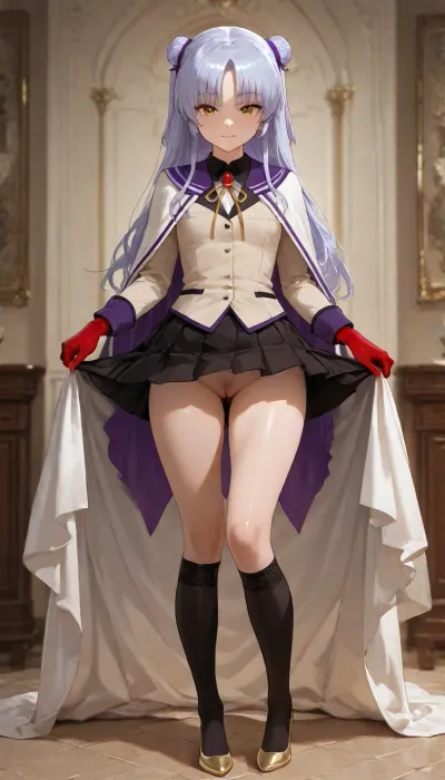 high quality semi-realistic anime render, 1girl, solo, perfect breasts, beauty girl, pubic hair, clitoris, she stay in fashion model pose, cozy girl bedroom.

a beautiful character with balanced proportions and well-made, Tachibana Kanade from Angel Beats, she has yellow eyes, white long hair, flat chest. Wearing school uniform, beige blazer with long sleeves, a yellow string neck ribbon with a red gem in the center, black miniskirt, white kneehighs, the girl has ivory skin, medium auburn hair, spiked hair, double buns, arched bangs, the girl is confident, upright posture, steady gaze, slight smile, she is looking at self, is wearing bronze high-low dress, high-low hemline in front, floor-length in back, paired with black harem pants, loose-fitting pants with a dropped crotch and tapered legs, gathered at the ankles, and ruby knee length socks, golden pumps on the feet, scarlet lace gloves, dark purple hair accessory, and pink violet locket, also cream cape.

-.
The full scenery is a mosaic-adorned park with whimsical structures and vibrant tiles