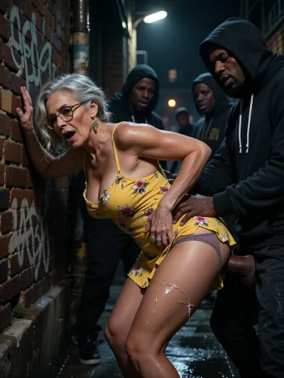 hyper-realistic 8k UHD masterpiece, cinematic chiaroscuro lighting in the style of Caravaggio, gritty urban noir aesthetic. A gorgeous 65-year-old plus-size grandmother, pale skin with a weathered tanned texture, messy white-grey hair, wearing glasses, luxury earrings, and wedding rings. She is wearing a ripped yellow floral summer dress, no panties, with panties pulled down to her thighs. She is bent over against a gritty brick wall in a dark city alleyway at night, arms pinned behind her back. Surrounded by multiple tall muscular African men in dark hoodies, aggressive physical interaction, squeezing, pushing, hard thrusting, explicit anal intercourse, raw emotional expressions of orgasm. Setting features graffiti, a single flickering overhead street light, deep dramatic shadows, high contrast, wet reflective pavement. Photorealistic skin pores, glistening sweat, vivid textures, raw visceral emotion. Digital concept art, highly detailed anatomical precision, sharp focus, moody atmospheric depth.
