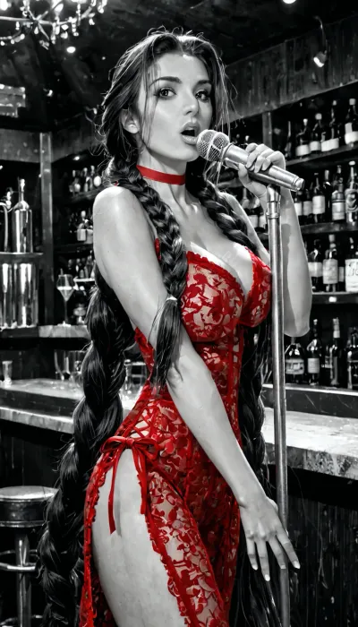 girl, red, lips, cute, face, push up, breasts, standing, lingerie, sky, rain, masterpiece, art, art style, sexy, mature, singer, bar, microphone