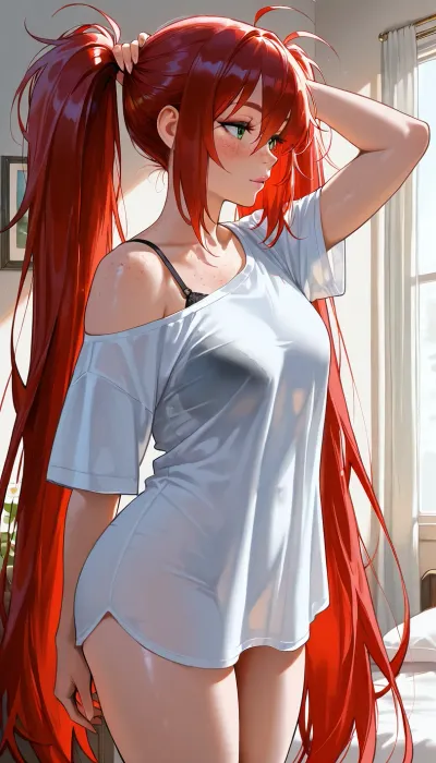 ((photo realistic, masterpiece, high resolution, maximum detail, score_9)), Original character, named Daisy, Latina, 18, petite, toned body, ((narrow face, beautiful face, detailed face)), ((freckles on face)), natural light makeup, green eyes, almond shaped eyes, ((excessively long red hair, hyper long red hair, hair goes past her knees)), natural large breasts, ((standing in her bedroom, tying hair up in twin tails)), ((oversized plain shirt, shirt off one shoulder, black bra strap showing, no pants)), ((view from the side, view showing the side of the women))