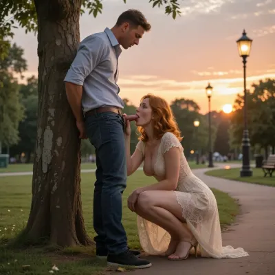 (((ultra-realistic photo taken according to all the rules of photographic composition:1.5))), (atmospheric lighting and the setting of a summer park at sunset), (beautiful sky at sunset), . A warm summer evening, sunset, the streetlights are not on yet, a park, (a man and a woman are by a tree, next to a path), ., (The woman is squatting in front of the man and giving him a blowjob), (The woman is 30 years old, a slender, well-groomed ginger with shoulder-length curly hair, with pleasant facial features, a rounded, voluminous bottom), (the woman is wearing a light, plain long lace dress with a deep neckline and short sleeves, elegant shoes with high, thin heels), (the woman has one knee higher than the other), ((the woman's breasts are visible from the neckline)), ((the woman's erect nipples are visible from under the lace dress)), (the man is wearing a shirt with rolled up sleeves, jeans and men's black shoes), ((the camera takes a wide shot, with a panoramic view of the park, a man stands next to a tree, leaning his back against it with his jeans down and his erect penis, a woman squats in front of the man and gives him a blowjob)), ((ultra-realistic park)), ((((ultra-realistic blowjob scene))))