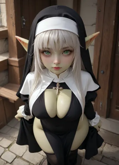 shortstack female goblin, soft platinum hair styled in a messy bob, shimmering gold eyes, pale green skin, high angle view, sexy black and white nun catholic dress, ((sexy black and white priestess dress)), black short dress, wide-hips, goblin ears, goblin pale-green color skin, big breast, thigh thick, StackedShortstack, punishnun, <lora:Stacked_Shortstacks_-_SDXL-000009:2>, <lora:punishnun_XL_reg1_-000003:1.5>