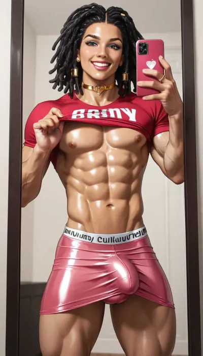 view from below, male Amateur photo, 22 years old black bodybuilder male in princess-peaches costume, looking at the camera, smiling, massive chest, abs, slender, smooth silky dreadlock hair, showing his flexed bicep-arm, golden choker, flawless skin, pink-muscleshirt and pink lifted skirt, giant pink-penisbulge, holding penisbulge pose in mirror selfie, sunny illumination, focus on his
amazing slender muscled legs, shiny legs