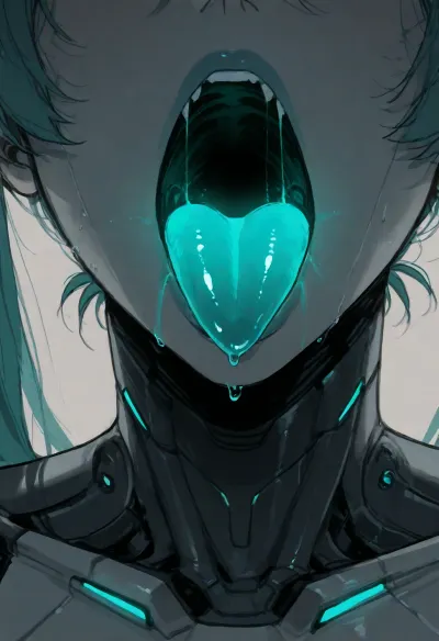 (ratatatat74), (Hatsune Miku, emotionless, plastic skin, robot joints, glowing mouth, glowing throat), solo, mouth focus, mouth fetish, open mouth, tongue out, close-up, simple background, <lora:ratatatat74-000050:2>