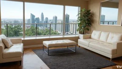 The scene is a high-rise apartment, skyscraper, large floor to ceiling windows, aged mahogany floors, a cream colored leather chaise lounge, a large Epipremnum aureum, money plant, a 75 inch TV is on the wall, a balcony.