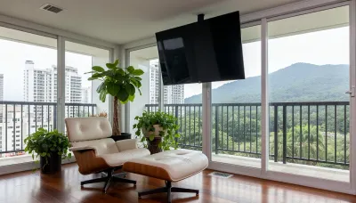The scene is a high-rise apartment, skyscraper, large floor to ceiling windows, 100 year old mahogany floors, there is a thick cushioned ergonomic cream colored leather chaise lounge, a large Epipremnum aureum, money plant, a Ceylon creepera, ivy arum, 75 inch TV is hanging from the ceiling the 12ft ceiling, a balcony, far in the distance is a mountain that is deeply forested. At