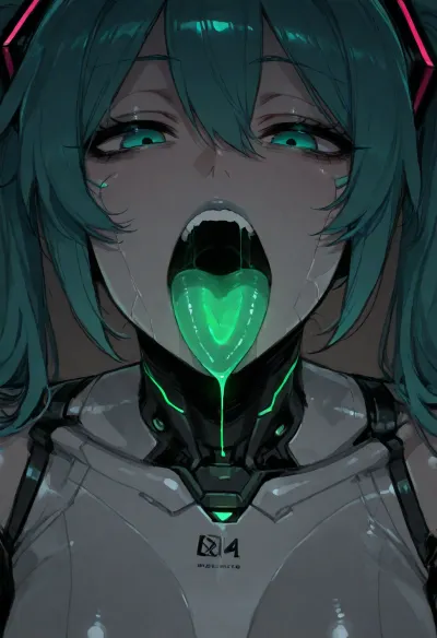 (ratatatat74), (Hatsune Miku, emotionless, plastic skin, robot joints, illuminated mouth, glowing mouth, glowing throat), solo, mouth focus, mouth fetish, sucking mouth, open mouth, tongue out, simple background, <lora:ratatatat74-000050:2>