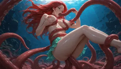 underwater, Ariel, sexy female mermaid long red hair, (fit body:1.4), (red octopus tentacles grabbing the woman and squeezing her breasts), beautiful face, big beautiful green eyes, pleasure look, (floating), ((big red tentacles around waist)), (((sex without consent:1.5))), tentacle in ass, two big tentacles in pussy, blowjob, fucking, penetrating, orgasm look, realistic lights and shadows, many air bubbles around face, ultra wide shot, beautiful, low light, 4k