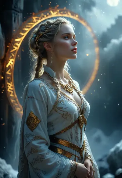 [KTA], (Dark Fantasy Artwork), luminous shadow, artistic, low angle, side view, body, 40 yo, belle caucasian female, elaborate hairstyle, intricate clothing, ancient circular runic emblem, glowing white runes, inscribed on a mystical dark celestial background, floating in a cosmic void, surrounded by swirling ethereal nebula clouds and light dust particles, soft volumetric lighting, mysterious atmosphere, germanic mythology aesthetic, intricate runic carvings, glowing white light, dark mood, deep shadows, high contrast, ethereal, mystery, mystical fog, gleaming ghostly gold, epically atmospheric fog, ribbons, natural beauty, [KlTTY-ART], <lora:COMFYUI_mimic_landscape_-_XL_SDXL v2.0:.1>, <lora:MJ52:.1>