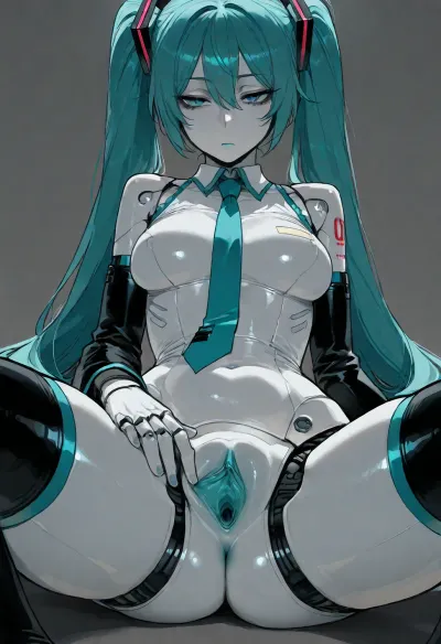(ratatatat74), (Hatsune Miku, emotionless, plastic skin, robot, ball joints, teal pussy), solo, legs spread, spreading pussy, simple background, <lora:ratatatat74-000050:2>