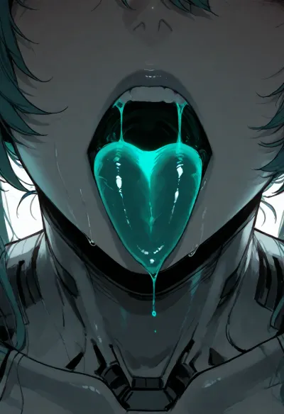 (ratatatat74), (Hatsune Miku, emotionless, plastic skin, robot joints, glowing mouth), solo, mouth focus, mouth fetish, open mouth, tongue out, close-up, simple background, <lora:ratatatat74-000050:2>