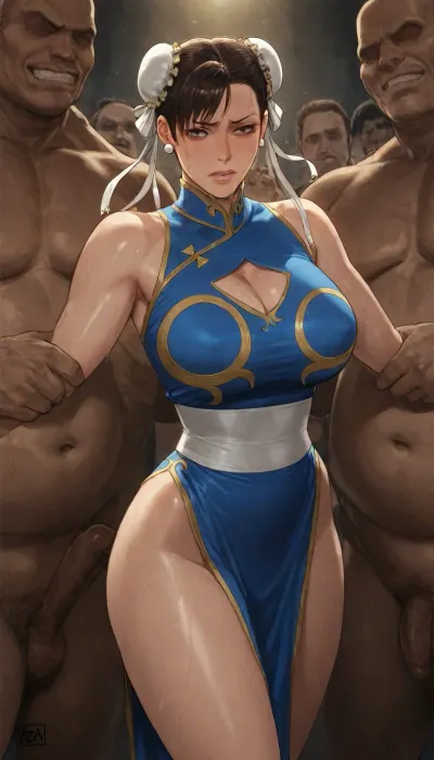 Chun-li from street fighter video game series, black Chinese dress, sweating, crying, wet body, ultra detailed, she's crying, tears, she's suffering, teeth clenched, she's terrified, high resolution, uncensored, hyper-detailed outfit, Oda non style and azasuke wind art style, oda_non art style and azasuke_wind art style, tied, surrounded by fat men, held by the arms by a large man, zoom on her breasts, <lora:add-detail-xl:2>, <lora:shinkiro_XL_v2:2>, <lora:style61-a31-000015:2>