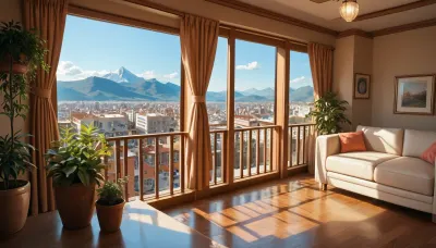 The scene is a high-rise apartment, skyscraper, large floor to ceiling windows, aged mahogany floors, a cream colored leather chaise lounge, a large Epipremnum aureum, money plant, a 75 inch TV is on the wall, a balcony, far in the distance is a mountain that is deeply forested.