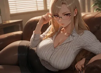 masterpiece, best quality, absurdres, newest, highres, very aesthetic, 1girl, solo, mature female, adult, nsfw, dark blonde hair, shoulder-length hair, brown eyes, beautiful detailed eyes, large breasts, narrow waist, mature body, striped blouse, pencil skirt, office lady, pantyhose, sitting on sofa, sitting, looking at viewer, serious expression, glasses in hand, after hours, office, leather sofa, wooden desk, blinds closed, evening, cinematic lighting, depth of field, detailed face, detailed eyes, intricate details