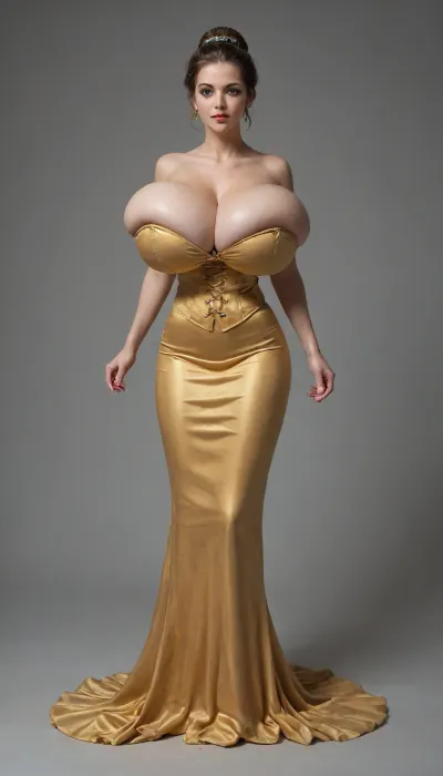 {Princess belle}, Full-body photo, Very skinny waist, gigantic breasts, breast expansion, breast overhang, breasts straining against top, {tight corset, golden/yellow ball gown}, bulging boobs, stretched top, studio background, ginormous breasts, soft breast, very massive breasts, clothes squeezing boobs, Tight bodice, gigantic mommy milkers, extreme breast overhang, slim build