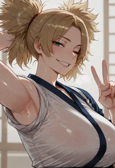 (ratatatat74), (Temari), solo, armpit fetish, sweaty armpit, smile, wink, peace sign, looking at viewer, side view, <lora:ratatatat74-000050:2>
