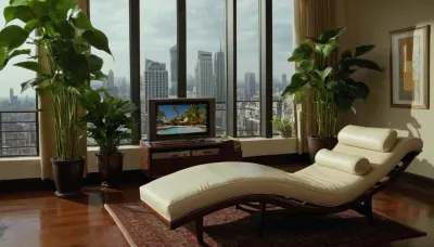 The scene is a high-rise apartment, skyscraper, large floor to ceiling windows, aged mahogany floors, a cream colored leather chaise lounge, a large Epipremnum aureum, money plant, a 75 inch TV is on the wall, a balcony.