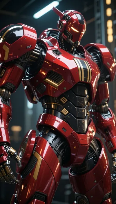 Make a picture of a futuristic Giant mecha robot in glossy red with black and gold stripes, (image size 9:16), cinematic shot, dynamic lighting, 75mm, Technicolor, Panavision, cinemascope, sharp focus, fine details, 8k, HDR, realism, realistic, key visual, film still, cinematic color grading, depth of field.