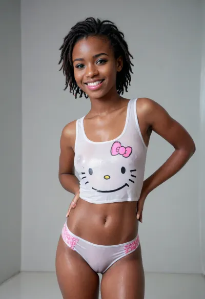 shy charming, (wet hellokitty tanktop), 18 years, sweet smiling teeth, african, white tight transparent tanktop, visible nipples, white transparent bikini, flat chest, small body, full body shot, wetshirt, <lora:WetshirtXL_-_Wet_T-Shirt_for_SDXL:.8>, xlsanaa, woman, <lora:xlsanaa woman:.8>