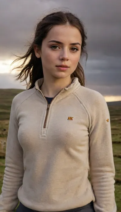 18 years old, hiking in the Yorkshire dales, fully clothed, ((close up view)), golden sunset light illuminating her, skin texture visible, (full body front view), Ana, de, Armas, <lora:ana_xl_8x8-000025:.8>, <lora:Detailed_female_hands-000001:.8>, <lora:EnvyThiccXL02:.8>, Clouds, Cloudy, Sunset, Overcast, Dark, sky, clouds, Rainy, <lora:Realistic_SkyClouds_v2-000006:.8>
