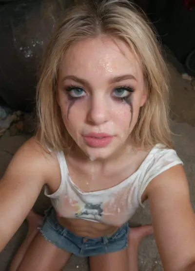 very skinny blonde girl, solo, (((selfie, self shot))), (ruined makeup), (ruined mascara:1.2), messed up mascara, sitting on a trash-covered sidewalk, at night, her legs in front of her, wet messy hair, ragged clothes, ragged mini-skirt, ragged wet top, her body is dirty and filthy, body covered with filthy stains, she seems to be living in the street, (she received a huge facial cumshot), cum all over her face, (cum on her forehead:1), cum in her hair, seductive smirk, winking playfully, picture from above, 3/4 view, half-open mouth, bukkake, woman, cum, on, face, spitbubbles, littlebubbles, spitstring, <lora:MS_Real_XL_Bukkake:.4>, <lora:JustCum:.4>, <lora:cum_in_eye_deepmind:.4>, <lora:Spitbubbles:.4>