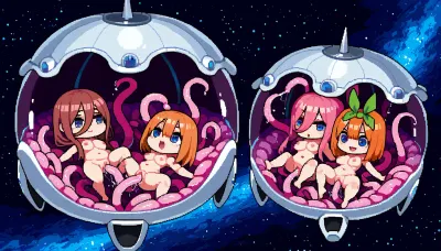 Cute, pixel art, under tentacles dome, tranparent dome, 16 bit art, nude, tentacles, pink tentacles, 3 girls, Nino Nakano, Miku Nakano, Yotsuba Nakano, chibi style, tied tentacles, above view, vaginal tentacles, stock arms, stock legs, diffrrent emotions, space background