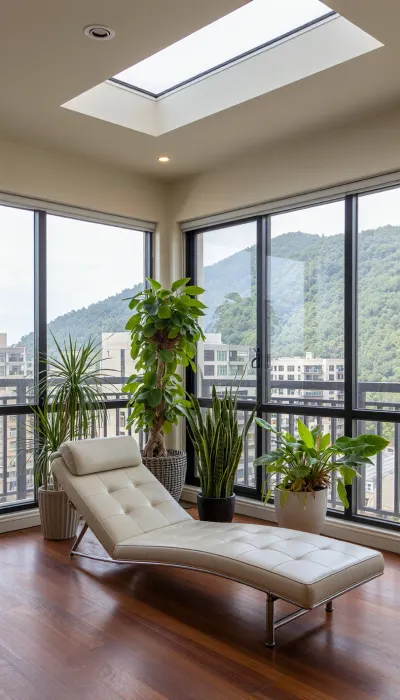 The scene is a high-rise apartment, skyscraper, large floor to ceiling windows, aged mahogany floors, a cream colored leather chaise lounge, (SEVERAL PLANTS, (types of house plants include a Pothos, (Epipremnum aureum), a Snake Plant, (Dracaena trifasciata)), on the 12ft ceiling is a skylight, there is a balcony, far in the distance is a mountain that is deeply forested.)