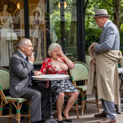 Hyperrealistic photograph, a masterpiece, 8K UHD, impeccable sharpness, a candid shot taken in a sunny public park, two elderly women in their seventies, plump and stout, sit side by side on a wooden bench. A man stands before them, his back to the camera, holding open a beige raincoat and a trilby hat. He exposes his penis to the women. The elderly woman on the right, wearing a gray floral dress, displays a shocked expression, shielding her eyes and averting her gaze. The second elderly woman on the left, in a red floral button-down dress, smiles mischievously as she lowers her dress to reveal her ample breasts and shaved vulva, reaching out to caress her genitals. Detailed skin textures, wrinkles, age spots, linen and wool textures, brilliant natural light, sunlight filtering through the trees, vibrant green park background, cinematic composition, highly detailed, raw image, photorealistic. Concept art
A realistic street scene in Paris, an elderly Caucasian man in a grey suit sitting alone at a small round bistro table on a sidewalk terrace. He is smoking a cigarette, resting his chin on his hand, looking pensive and thoughtful. He is seated on a green and beige woven rattan bistro chair. Next to him is another matching empty chair. In the background, a large shop window reflects soft street light and displays vintage Art Nouveau-style paintings of women in historical dresses. Soft natural daylight, realistic textures of the fabric suit, woven chairs, and painted glass, candid photography style, cinematic lighting, photorealistic.