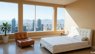 The scene is a high-rise apartment, skyscraper, large floor to ceiling windows, aged mahogany floors, a cream colored leather chaise lounge, a large Epipremnum aureum, money plant, a 75 inch TV is on the wall, a balcony, far in the distance is a mountain that is deeply forested.