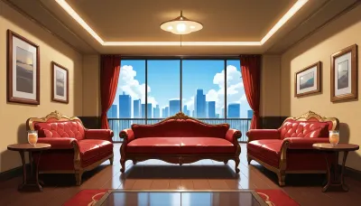 The scene is a high-rise apartment, skyscraper, large floor to ceiling windows, aged mahogany floors, a cream colored leather chaise lounge, a large Golden pathos, 75 inch TV on the wall, a balcony.